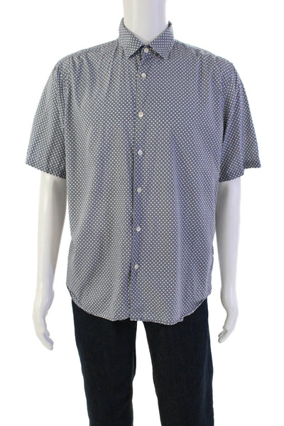 Theory Mens Geometric Print Short Sleeve Collared Button Down Shirt Blue Size L
