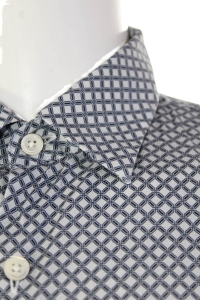 Theory Mens Geometric Print Short Sleeve Collared Button Down Shirt Blue Size L