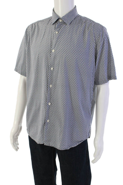 Theory Mens Geometric Print Short Sleeve Collared Button Down Shirt Blue Size L