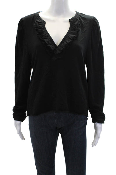 Nation Womens Cotton V-Neck Long Sleeve Pullover Blouse Top Black Size L