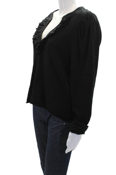 Nation Womens Cotton V-Neck Long Sleeve Pullover Blouse Top Black Size L