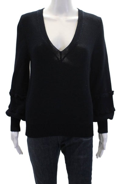 Pearl By Lela Rose Womens Open Knit V Neck Sweater Navy Cotton Size Small