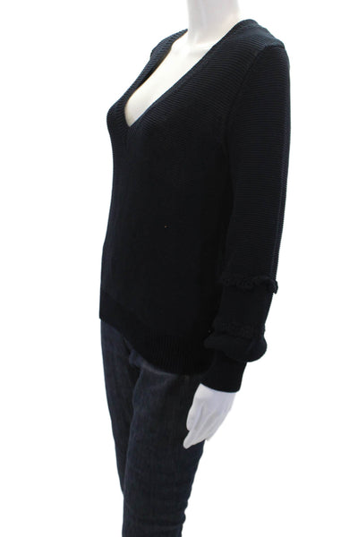 Pearl By Lela Rose Womens Open Knit V Neck Sweater Navy Cotton Size Small