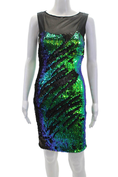 Nicole Miller Womens Mesh Trim Sequin Pencil Dress Green Size 0