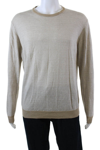 Saks Fifth Avenue Mens Linmen Striped Long Sleeve Crew Neck Sweater Beige Size M