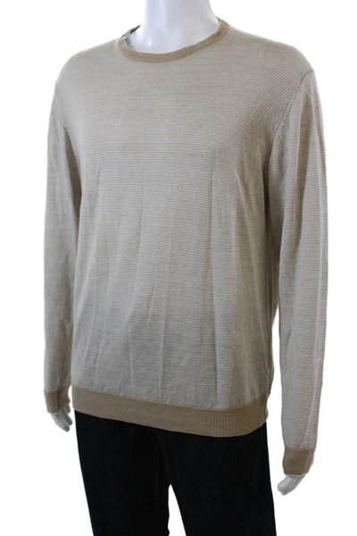 Saks Fifth Avenue Mens Linmen Striped Long Sleeve Crew Neck Sweater Beige Size M
