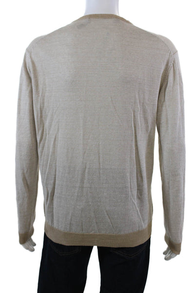 Saks Fifth Avenue Mens Linmen Striped Long Sleeve Crew Neck Sweater Beige Size M