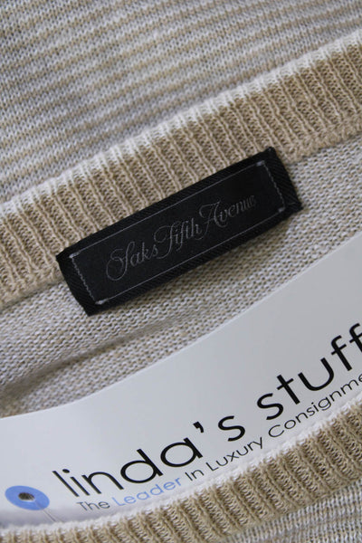 Saks Fifth Avenue Mens Linmen Striped Long Sleeve Crew Neck Sweater Beige Size M