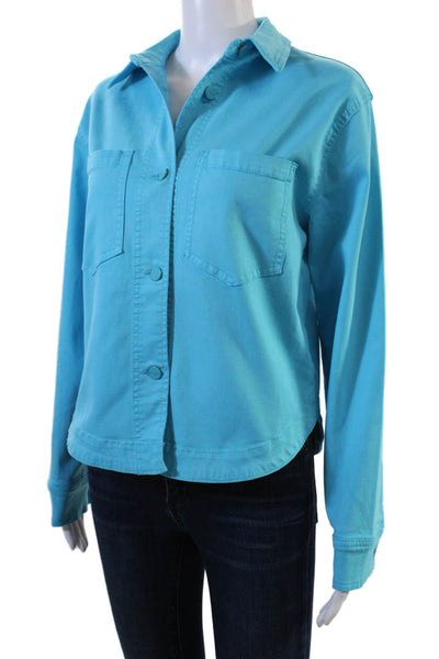 Renuar Womens Cotton Blend Collared Button Up Denim Jacket Light Blue Size S