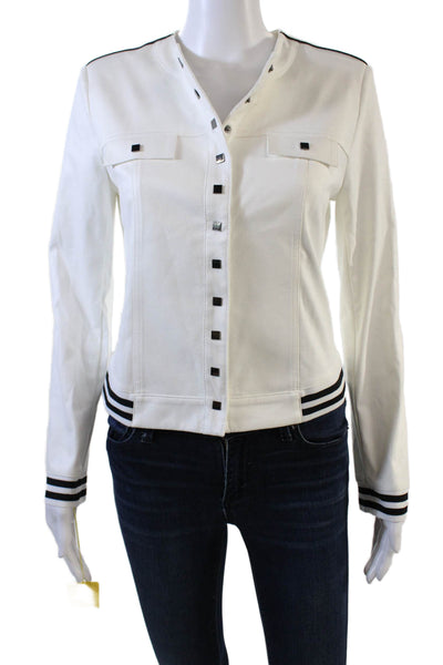 Insight Womens Striped Round Neck Long Sleeve Snap Closure Jacket White Size 12