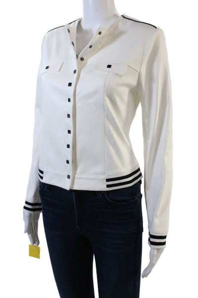 Insight Womens Striped Round Neck Long Sleeve Snap Closure Jacket White Size 12