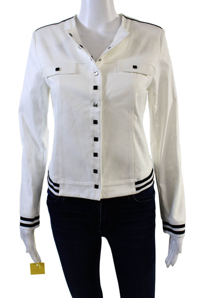 Insight Womens Striped Round Neck Long Sleeve Snap Closure Jacket White Size 10