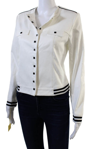 Insight Womens Striped Round Neck Long Sleeve Snap Closure Jacket White Size 10
