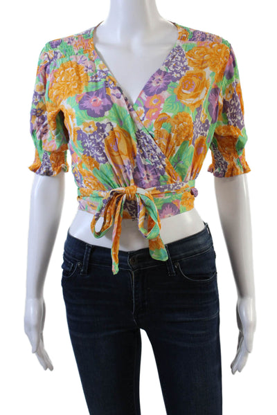 Faithfull The Brand Womens Floral Short Sleeve Crop Wrap Blouse Orange Size 2