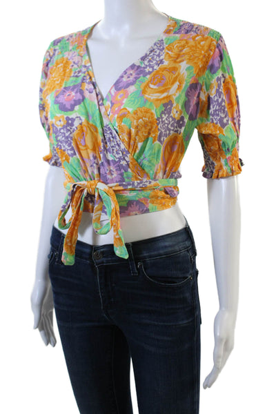 Faithfull The Brand Womens Floral Short Sleeve Crop Wrap Blouse Orange Size 2