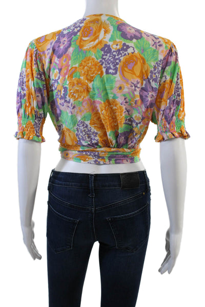 Faithfull The Brand Womens Floral Short Sleeve Crop Wrap Blouse Orange Size 2