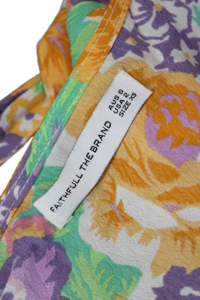Faithfull The Brand Womens Floral Short Sleeve Crop Wrap Blouse Orange Size 2