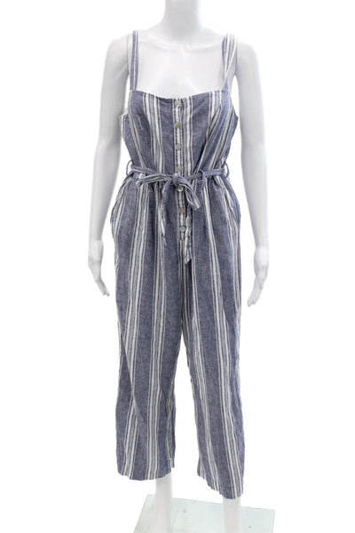Rails Womens Striped Sleeveless Belted Straight Leg Jumpsuit Blue White Size Lar