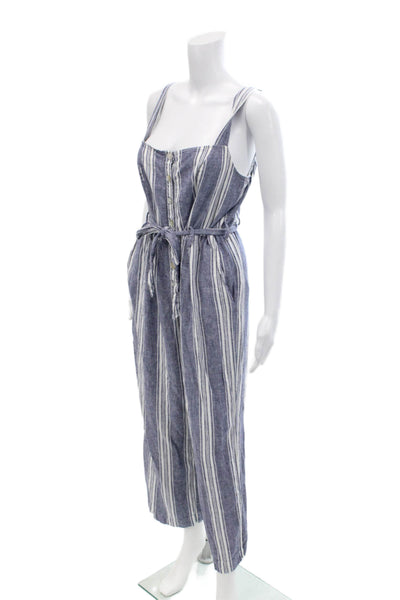 Rails Womens Striped Sleeveless Belted Straight Leg Jumpsuit Blue White Size Lar