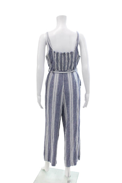 Rails Womens Striped Sleeveless Belted Straight Leg Jumpsuit Blue White Size Lar