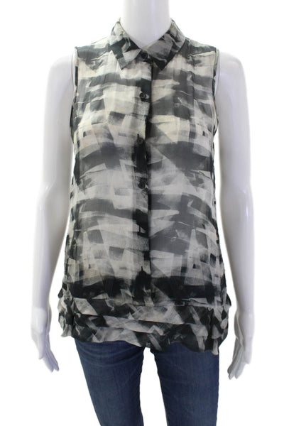 Theory Womens Sheer Silk Abstract Sleeveless Button Up Blouse Top Gray Size P