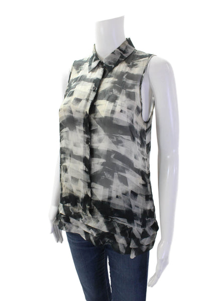 Theory Womens Sheer Silk Abstract Sleeveless Button Up Blouse Top Gray Size P