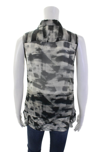 Theory Womens Sheer Silk Abstract Sleeveless Button Up Blouse Top Gray Size P