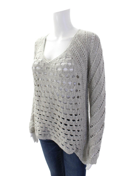 Helmut Lang Women's Round Long Sleeves Open Knit Hi-Lo Hem Sweater Gray Size S