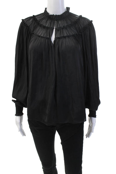 Ramy Brook Womens Long Sleeve Keyhole Satin Blouse Black Size 2XS