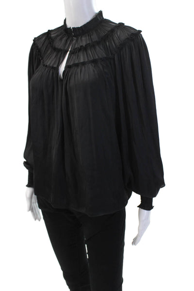 Ramy Brook Womens Long Sleeve Keyhole Satin Blouse Black Size 2XS