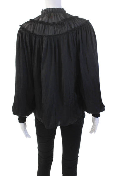 Ramy Brook Womens Long Sleeve Keyhole Satin Blouse Black Size 2XS