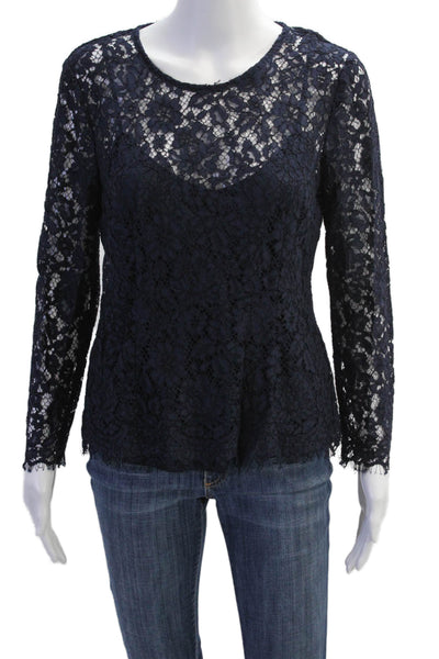 J Crew Womens Floral Lace Sheer Long Sleeve Blouse With Camisole Blue Size 6
