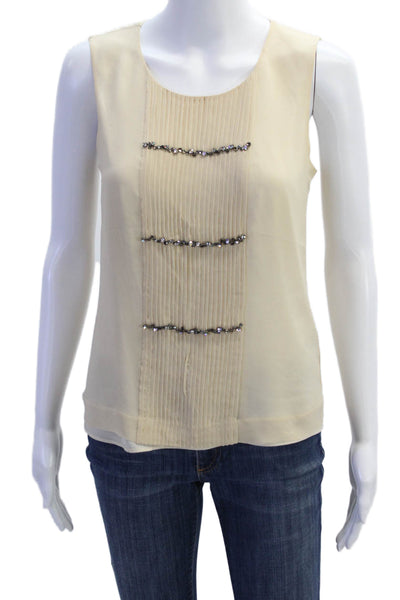J Crew Womens Silk Sleeveless Pleated Rhinestoned Detail Blouse Beige Size 2