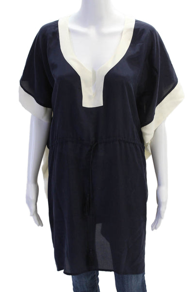 J Crew Womens Silk Contrast Trim Drawstring Waist Tunic Top Blue Size S
