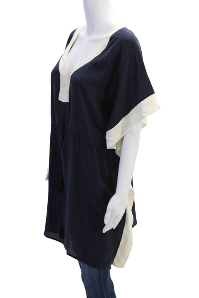 J Crew Womens Silk Contrast Trim Drawstring Waist Tunic Top Blue Size S