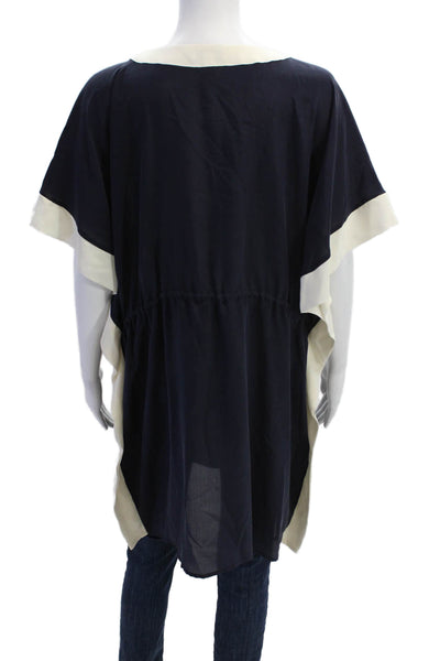 J Crew Womens Silk Contrast Trim Drawstring Waist Tunic Top Blue Size S
