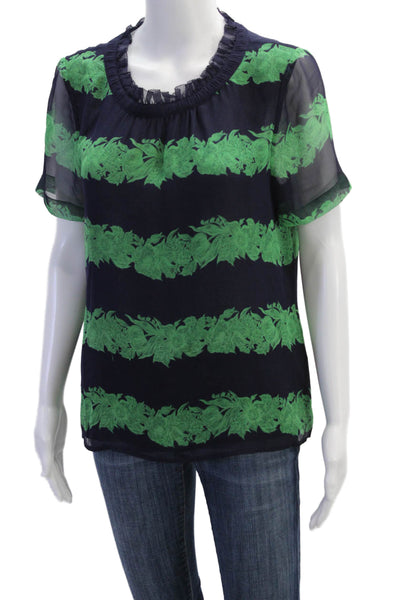 J Crew Womens Silk Floral Striped Ruffled Neck Short Sleeve Blouse Black Size 8