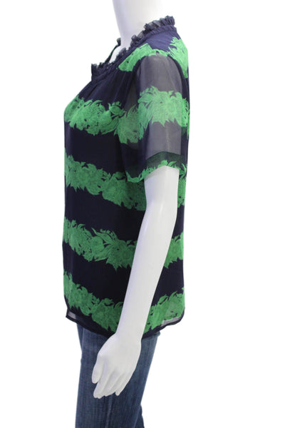 J Crew Womens Silk Floral Striped Ruffled Neck Short Sleeve Blouse Black Size 8