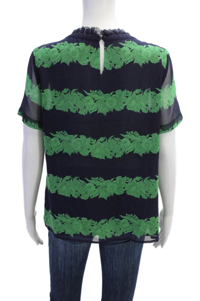 J Crew Womens Silk Floral Striped Ruffled Neck Short Sleeve Blouse Black Size 8