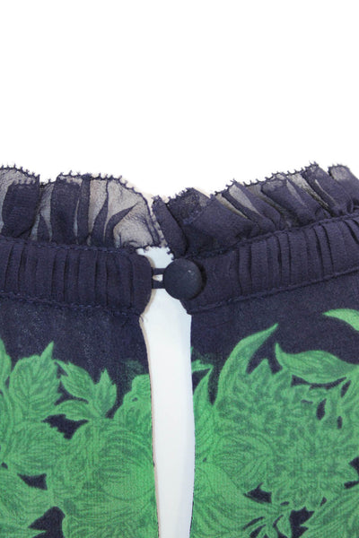 J Crew Womens Silk Floral Striped Ruffled Neck Short Sleeve Blouse Black Size 8