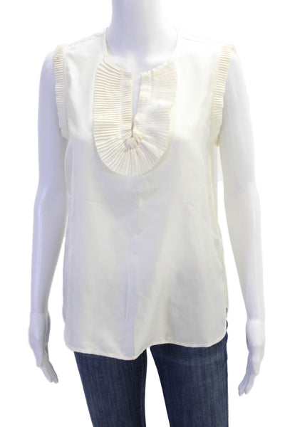 J Crew Womens Silk Pleated Neckline Ruffle Sleeveless Blouse White Size 4