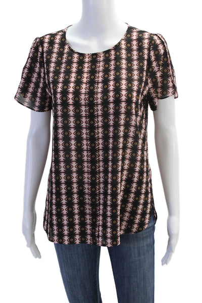 J Crew Womens Short Split Sleeve Geometric Print Round Hem Blouse Black Size 4
