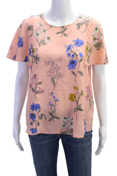 J Crew Womens Silk Floral Print Short Sleeve Round Neck Sheer Blouse Pink Size S