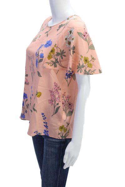 J Crew Womens Silk Floral Print Short Sleeve Round Neck Sheer Blouse Pink Size S