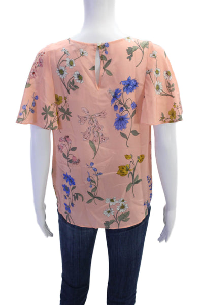 J Crew Womens Silk Floral Print Short Sleeve Round Neck Sheer Blouse Pink Size S