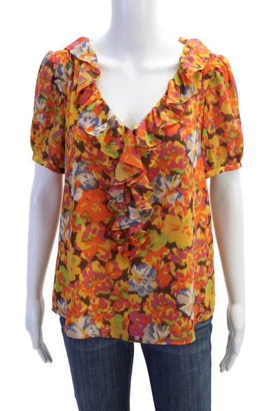 J Crew Womens Floral Ruffled Collar V-Neck Short Sleeve Blouse Yellow Size S