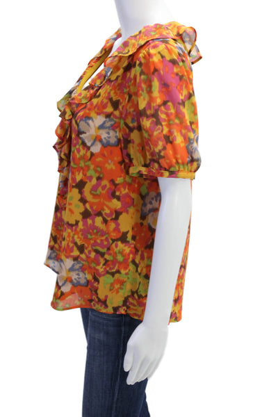 J Crew Womens Floral Ruffled Collar V-Neck Short Sleeve Blouse Yellow Size S
