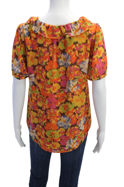 J Crew Womens Floral Ruffled Collar V-Neck Short Sleeve Blouse Yellow Size S
