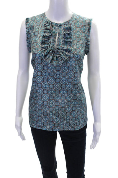 J Crew Womens Silk Sleeveless Pleated Neckline Detail Blouse Blue Size 4