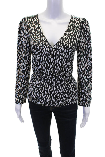 J Crew Womens V-Neck Long Sleeve Spotted Print Buttoned Blouse Black Size 8